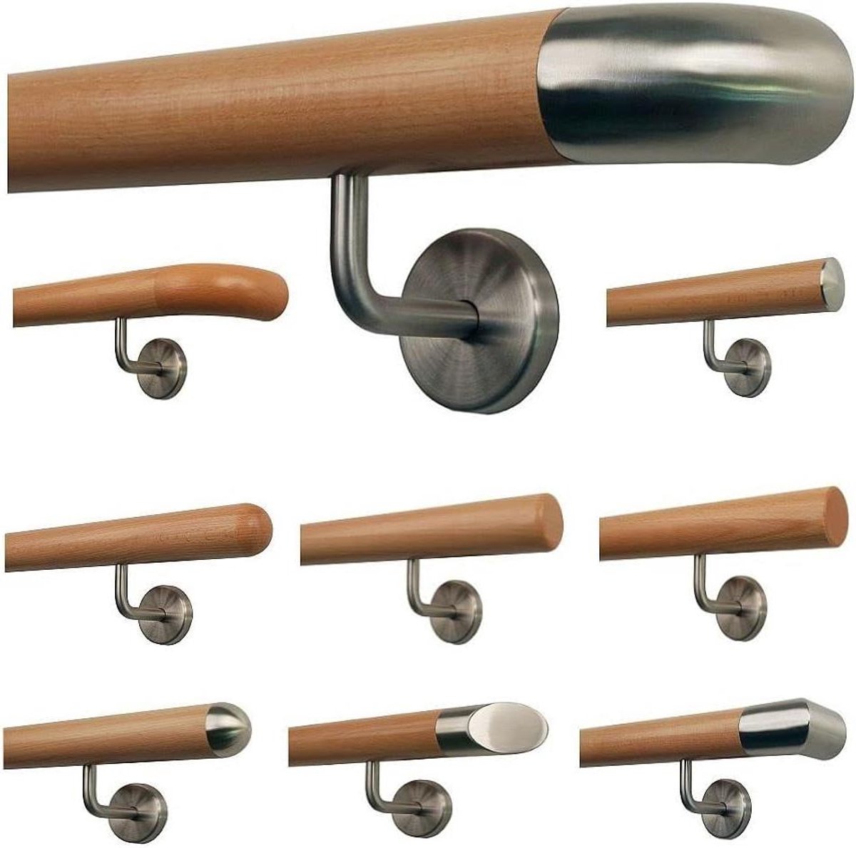 Houten trapleuning - Handgreep trap - Veilig traplopen - Roestvrijstalen booghouders - 40 cm - Beuken