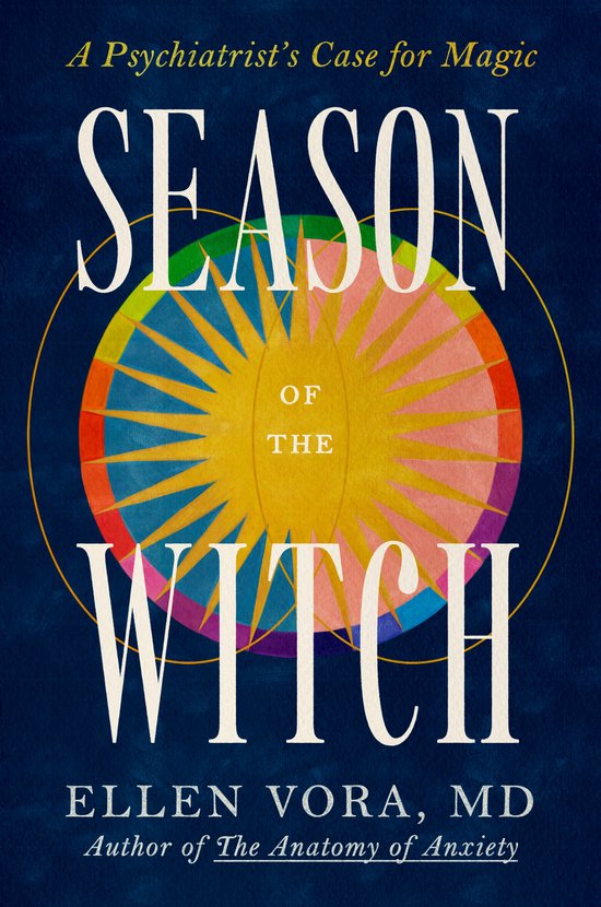 Boekomslag met de titel 'Season of the Witch'. Een zon met kleurrijke stralen op een donkerblauwe achtergrond.