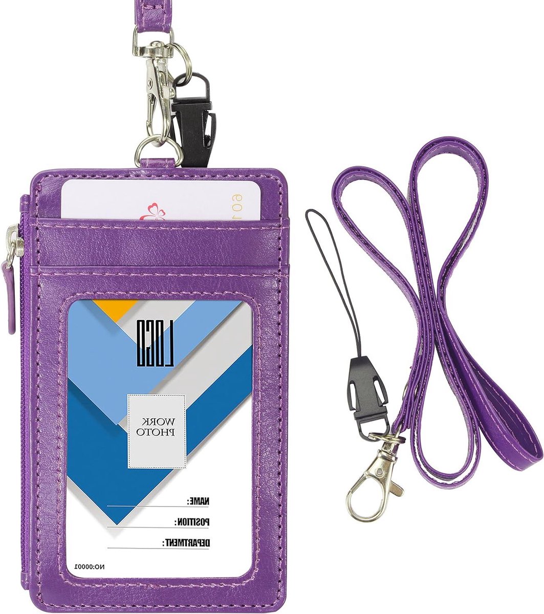 Kaarthouder met Lanyard - Badgehouder Portemonnee - Veilig Kaarten Bewaren - Met Ritsvak - 7x12 cm - Paars