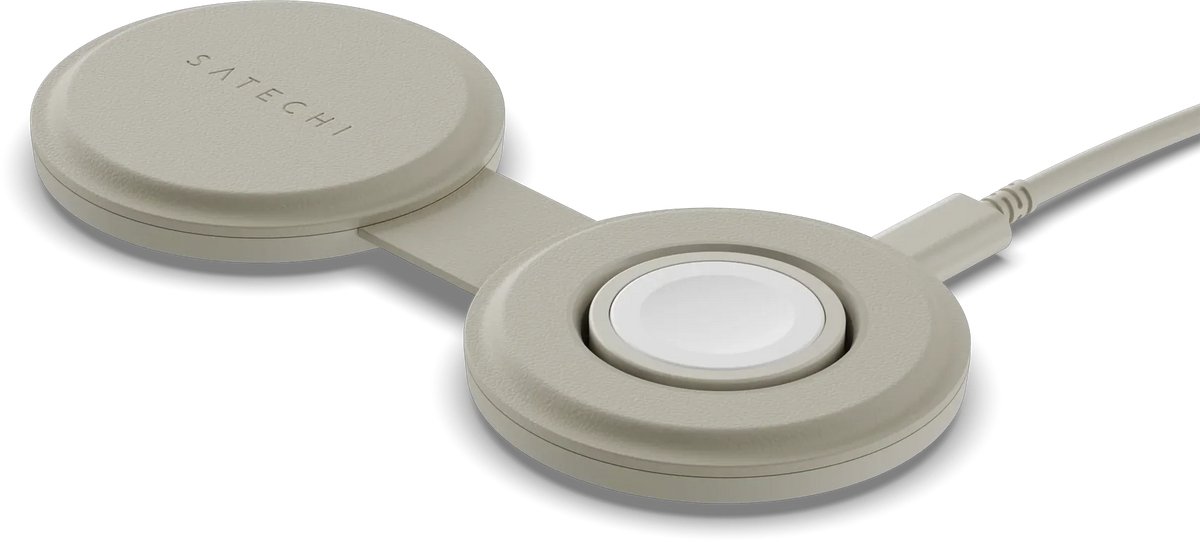 Satechi OntheGo 2-in-1 Draadloze Oplader – Compact en Duurzaam Ontwerp – Snelladen tot 15W – Geschikt voor Op Reis en Thuisgebruik - Beige