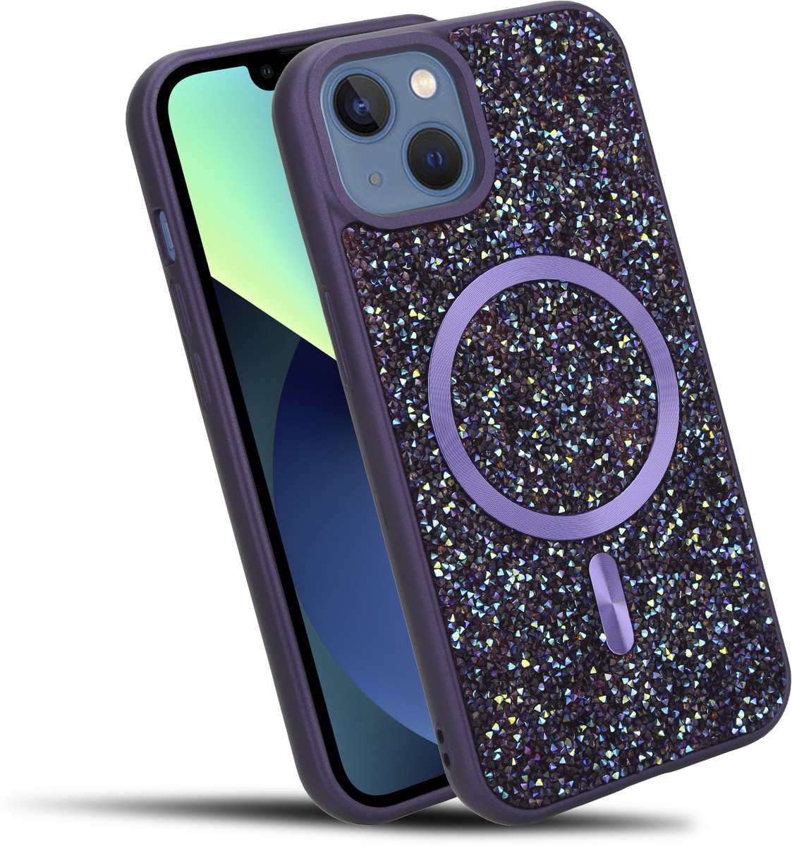 Hoesje geschikt voor iPhone 13 / 14 in Paars Diamant Glitter Stijl