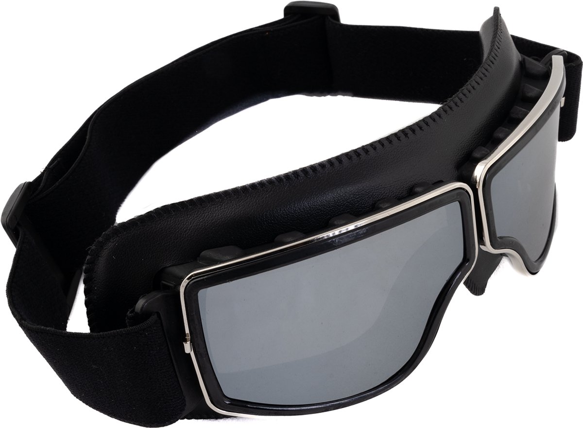 KIMU® Goggles Motorbril Skibril - Bril Zwart Montuur - Zilveren Spiegelgazen - Pilotenbril Piloot Retro Motor Steampunk Leatherlook PU Leer Geel Solex Heren Festival