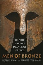 Titel 'Men of Bronze' op een boek met een verweerd bronzen helm. Tekst: HOPLITE WARFARE IN ANCIENT GREECE MEN OF BRONZE.