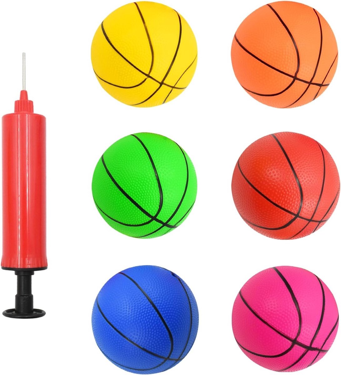 Mini Basketball Set van 6 Stuks, Opblaasbare Ballen met Pomp voor Binnen en Buiten Feestjes, Sport en Spel