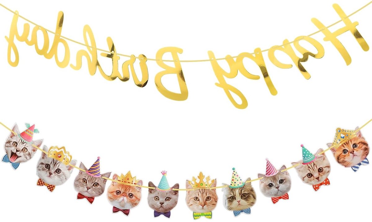 Feestelijke Verjaardagsbanner Set voor Katten, 10 Kattengezichten Decoratie met Kleurrijke Slingers, Pennants en Verjaardagskronen voor een Prachtig Kattenfeest