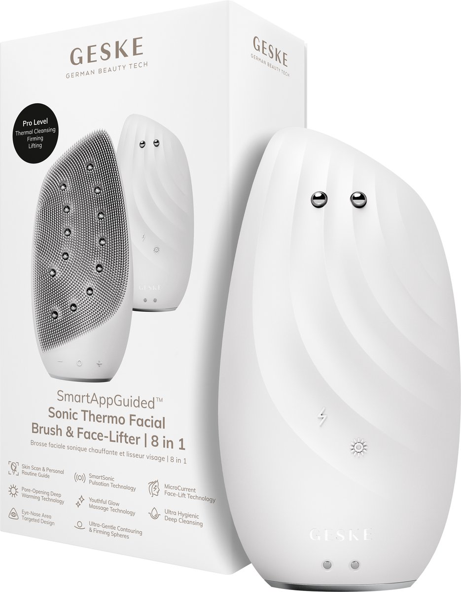 GESKE | SmartAppGuided™ Sonic Thermo Facial Brush & Face-Lifter | 8 in 1 | Huidreiniging & anti-rimpel | Siliconen elektrische reinigingsborstel | Gezichtsmassager | Reiniging & anti-aging