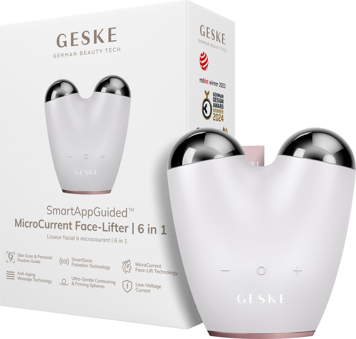 GESKE | SmartAppGuided™ SmartAppGuided™ MicroCurrent Face Lifter | 6 op 1 | Gezichtslifting | Tools voor huidverzorging | Facelift | Anti-aging apparaat | MicroCurrent tegen rimpels