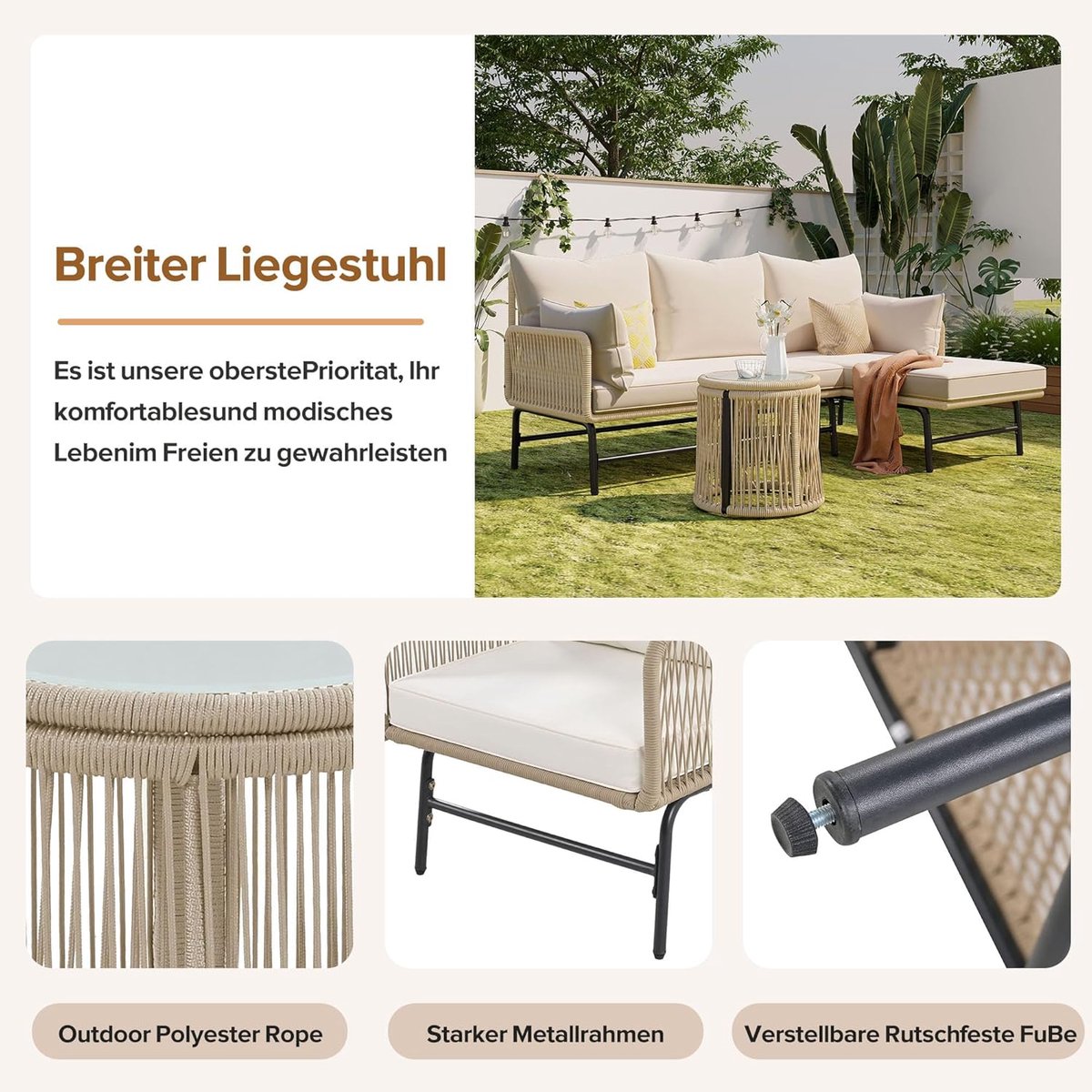 Tuinloungeset 6 Personen 124x71x80 cm Beige – Modulaire Loungeset met Kussens, Gehard Glazen Tafel & Verstelbare Poten – Weerbestendig Metaal en Touw – Luxe Outdoor Zitset – Nicolehome