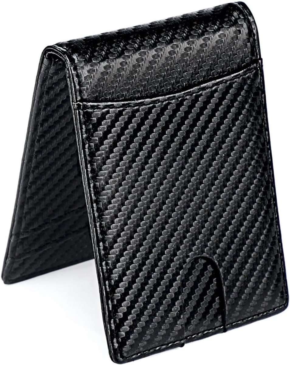 RFID-beschermende leren portemonnee voor heren, eenvoudige bifold stijl, zwart, met kaarthouder en carbonfiber uitstraling