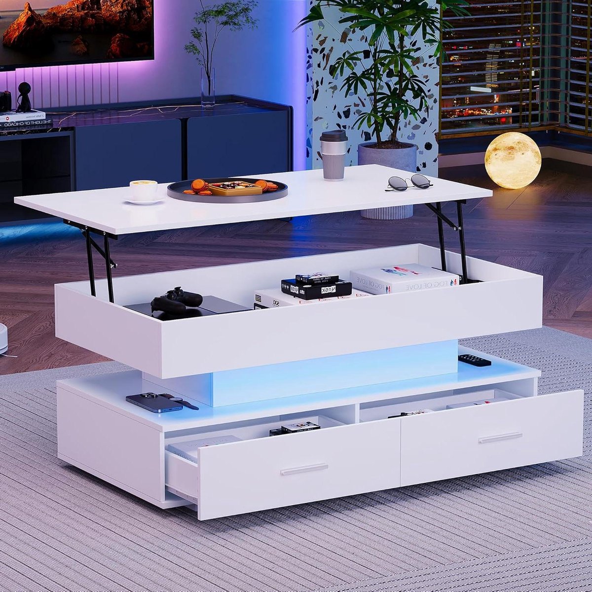 Salontafel - Koffietafel Bijzettafel - Woonkamer Inrichten - Hydraulisch In Hoogte Verstelbaar - 100x50x44cm - Wit