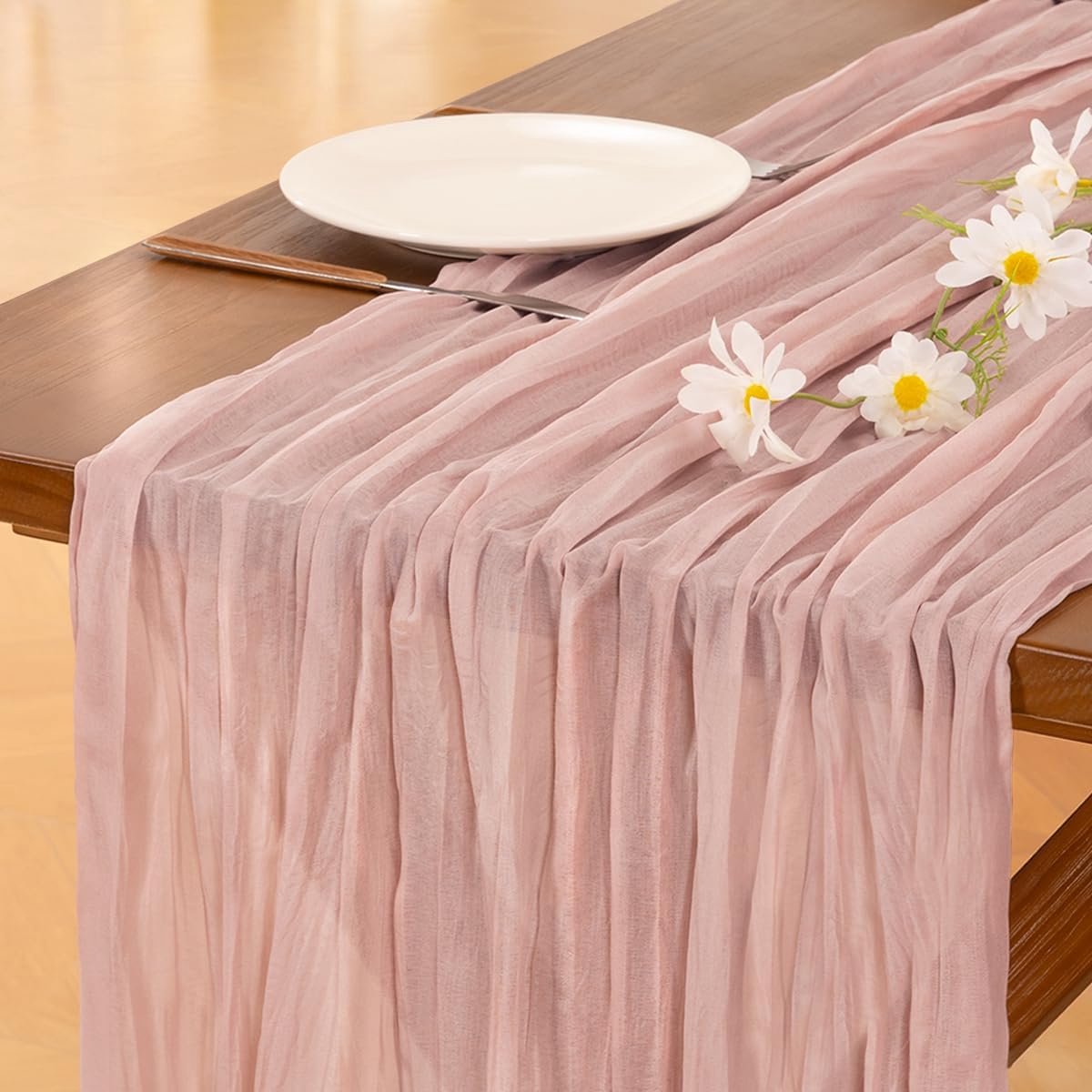 Tafelkleed in Scandinavische stijl van Bali-gaas met plooien - 90 x 300 cm - Geschikt voor bruiloften, babyborrels, verjaardagen, interieurdecoratie en feestdagen - Roze
