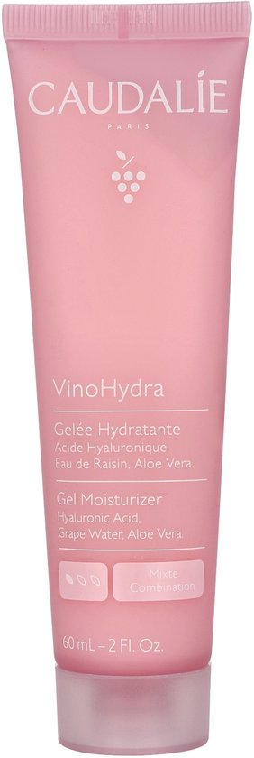Caudalie Vinohydra Gel Moisturizer tube met druiven en tekst: 'Gelée Hydratante' en 'Hyaluronic Acid, Grape Water, Aloe Vera'.