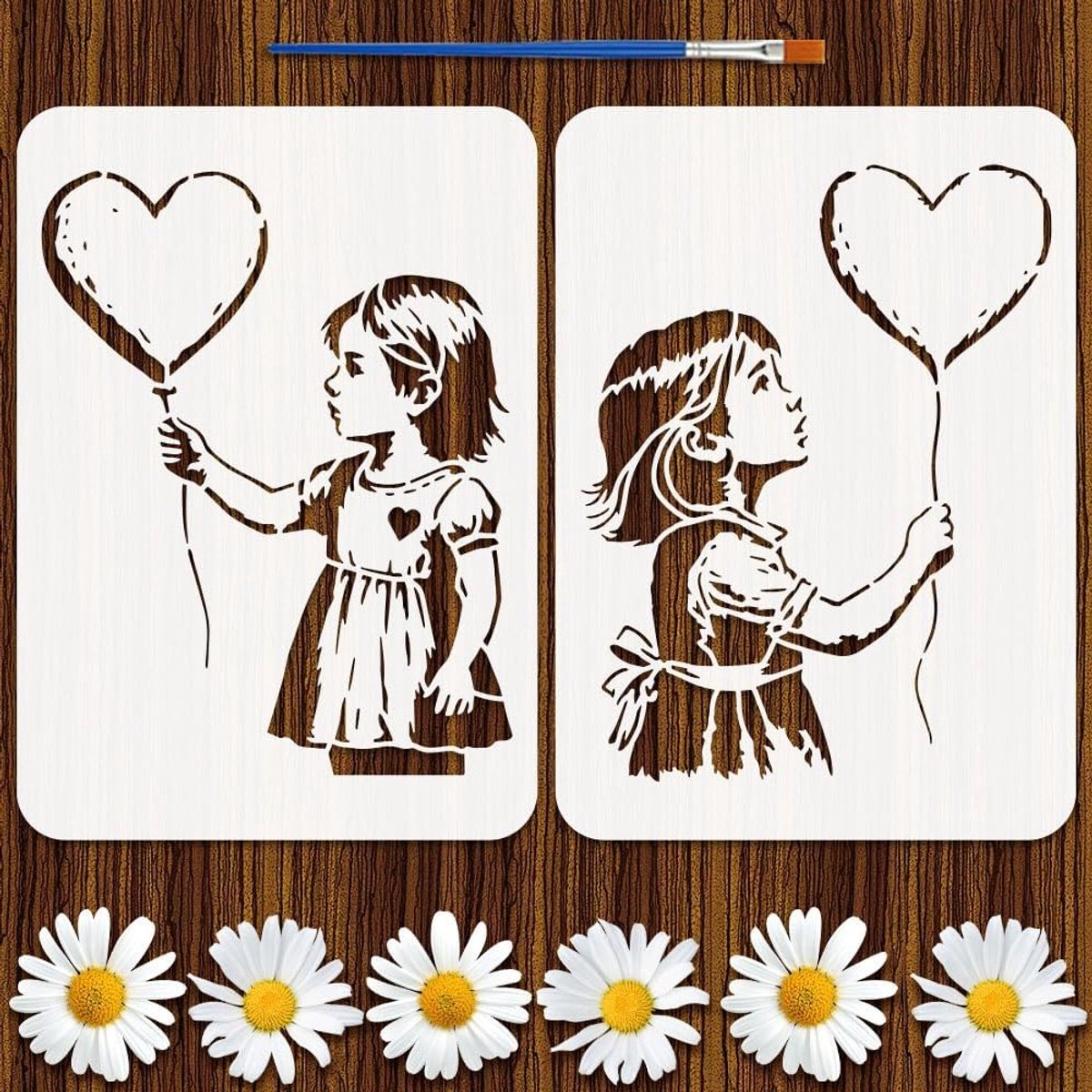 2 Stijlen Ballon Meisje Patroon Sjablonen met Kwast 29.7x21cm Hart Ballon Graffiti Schilderen Sjablonen voor Hout, Tegels en Stof Decoratie