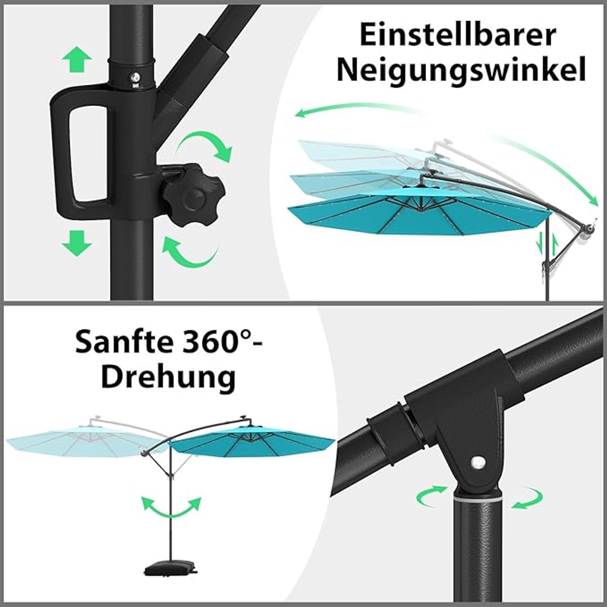 Zweefparasol 300 cm met LED – Bellavero Premium Hangparasol met 32 Solar LED Lampen, Traploos Kantelbaar & 360° Draaibaar, Zwengelbediening, Kruisvoet, UV-bescherming – Luxe Tuinparasol voor Terras...