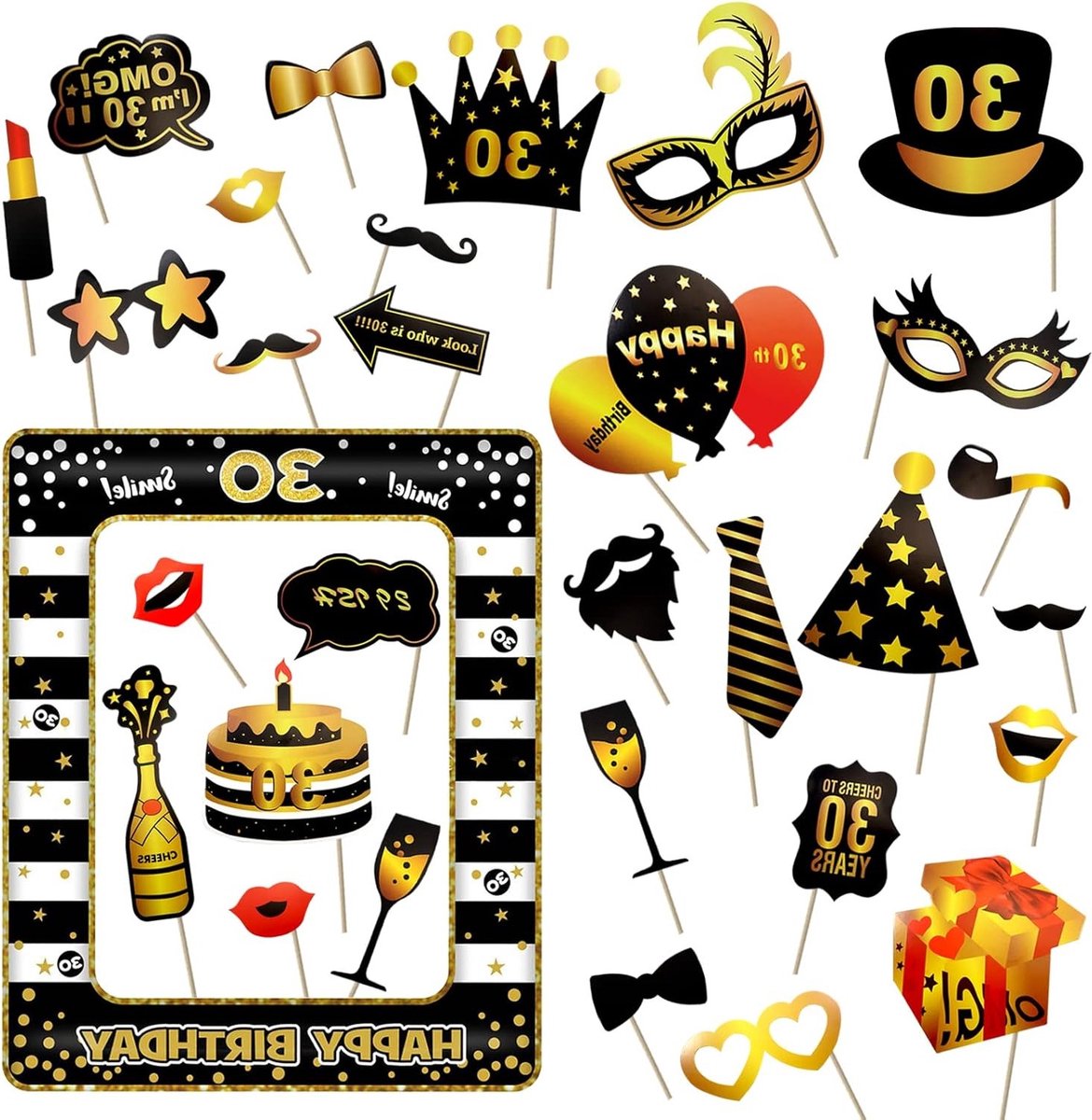 31 Delen Fotohokje Props met Opblaasbare Fotolijst voor Selfies, Zwart en Goud, Leuke Accessoires voor Verjaardagsfeest en Feestdecoratie
