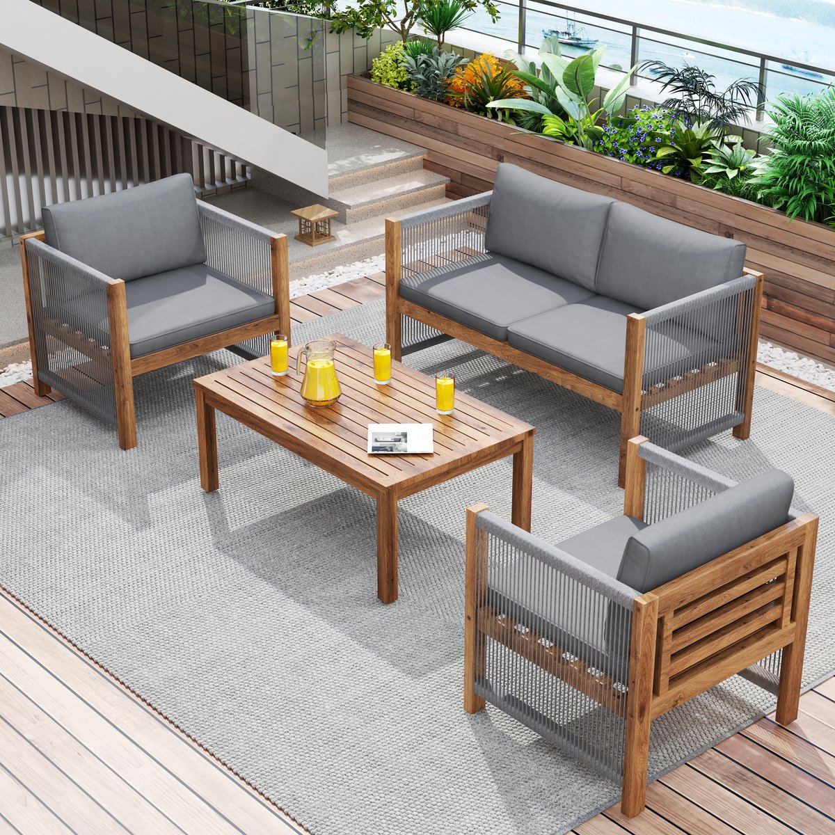 Loungeset - 3-zits + 2 Stoelen + Tafel - Rattan Look - Akazie - Grijs