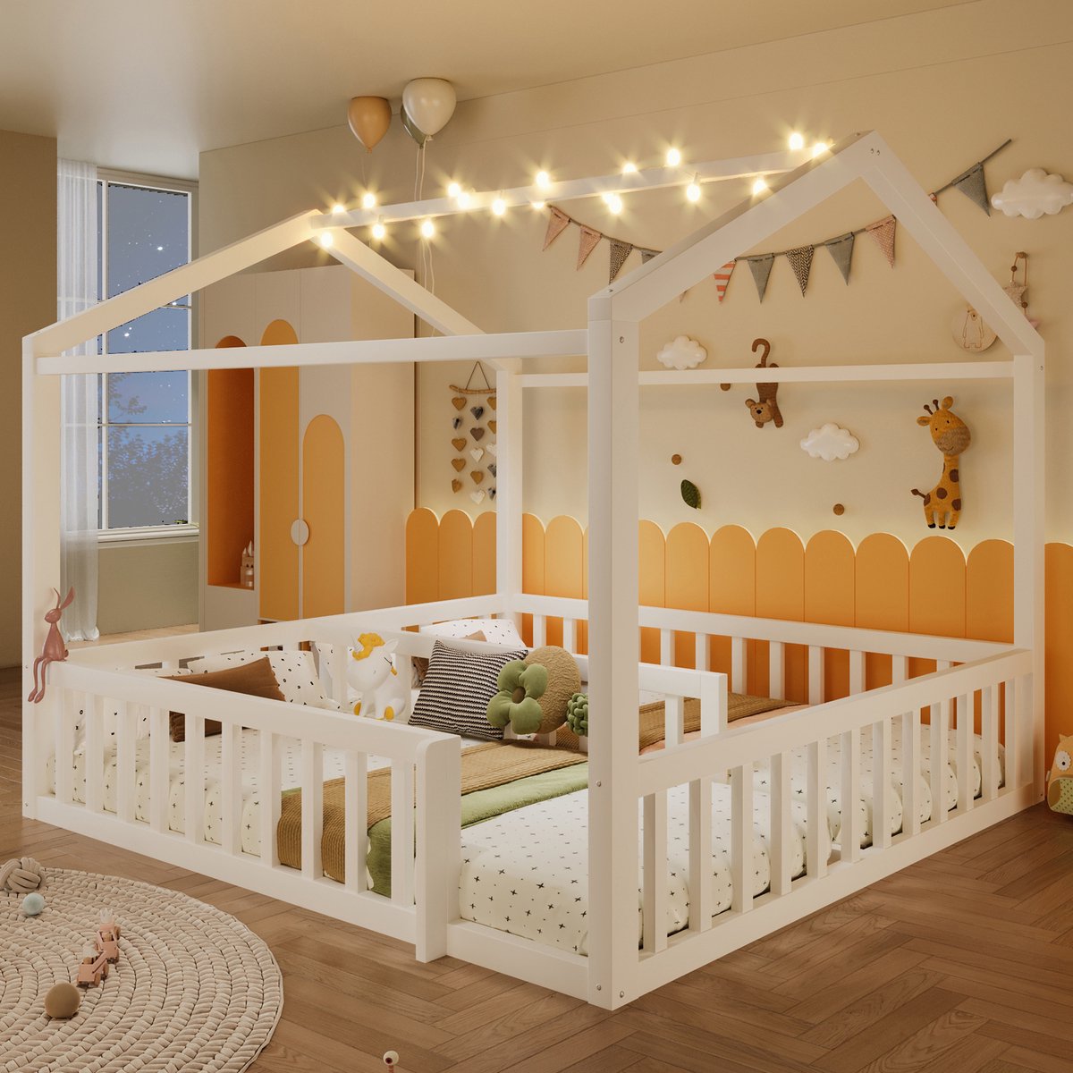 Kinderhuisbed 2-in-1 met Hekje 90x190cm*2 of 180x190cm - Wit Dennenhouten Huisbed met Dak en LED-Lampjes - Converteerbaar - Massief Grenenhout