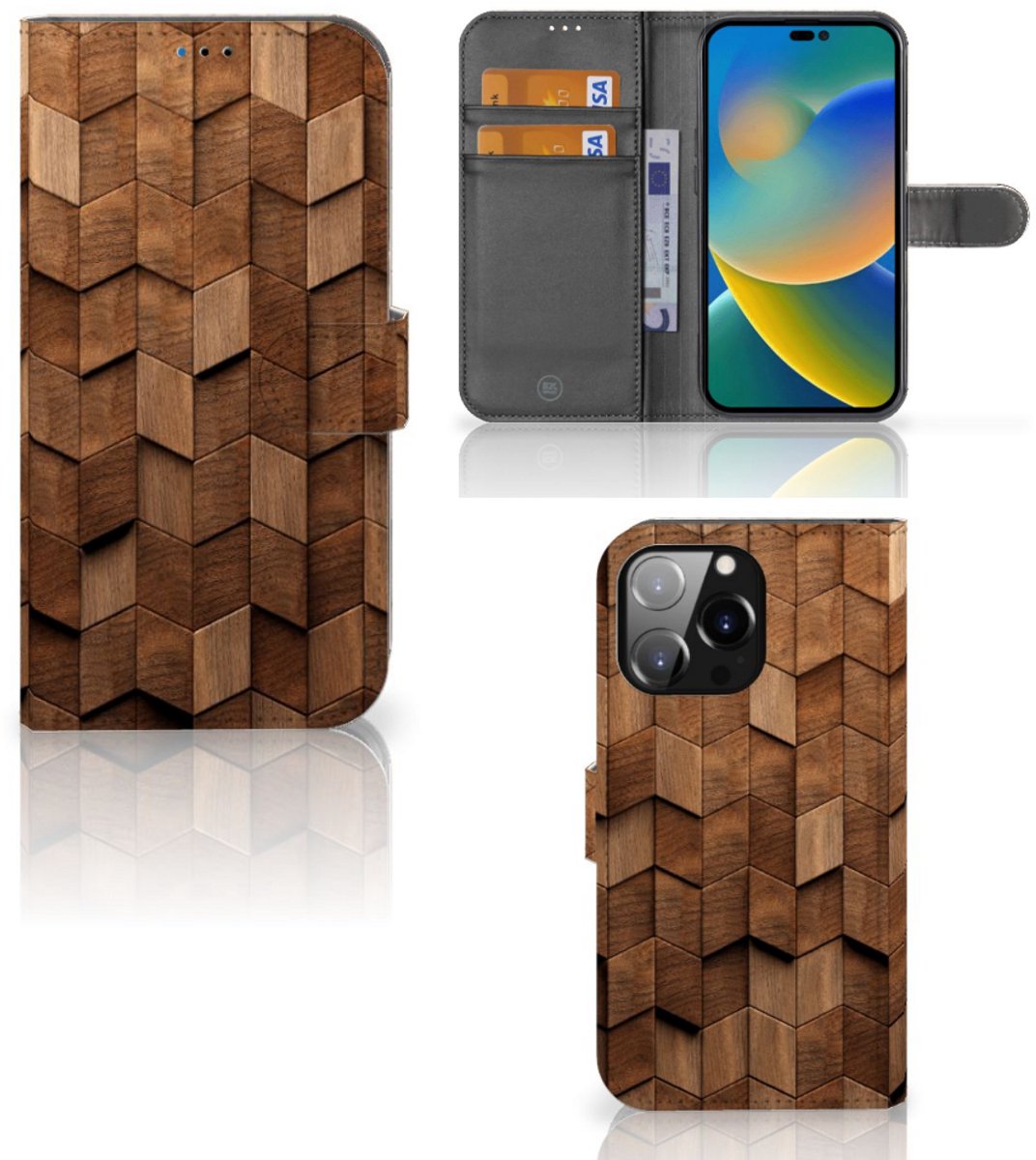 Book Style Case voor iPhone 14 Pro Max Wooden Cubes