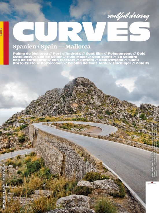 De kaft van het boek 'CURVES Mallorca' toont een bochtige weg met stenen muur die naar een bergtop leidt onder een bewolkte hemel. De titel 'CURVES' staat in grote letters.