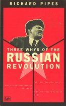 Boekomslag van "Three Whys of the Russian Revolution" door Richard Pipes, met een portret van Lenin en rode en witte grafische elementen.