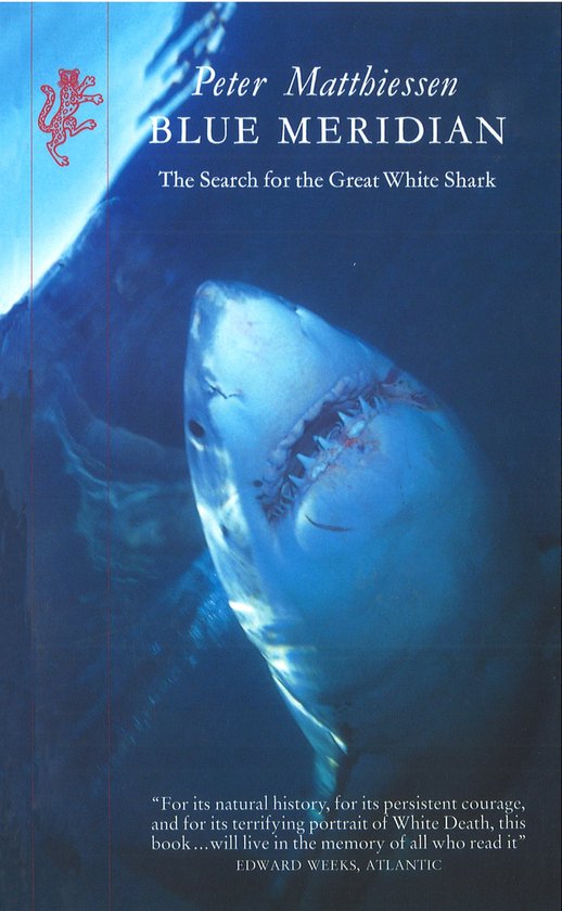 Boekomslag van Blue Meridian: The Search for the Great White Shark, met een haai op de voorgrond en de tekst van Peter Matthiessen.