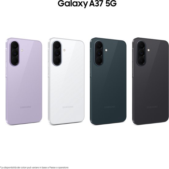 Vier Samsung Galaxy A37 5G telefoons: paars, wit, donkergroen en zwart.