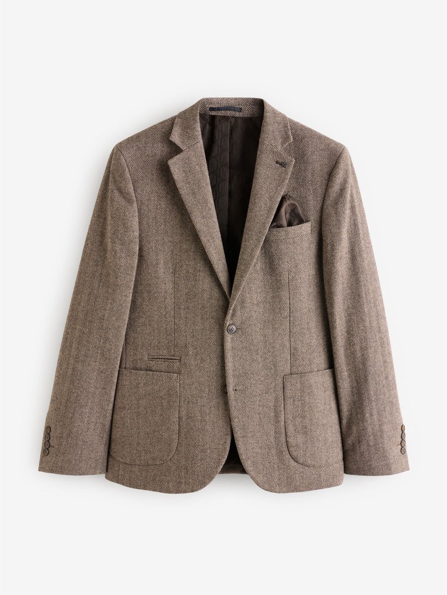 Next - Heren - Slim Fit - Blazer met visgraatmotief en hoog wolgehalte - Bruin