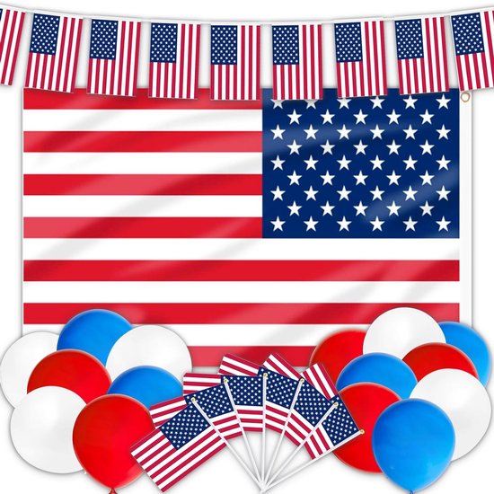 Complete set van Amerikaanse vlaggen en decoraties voor 4th of July en Memorial Day, inclusief 1 grote vlag van 5x3ft, 30 kleine vlaggen, 10 handvlaggen en 15 ballonnen