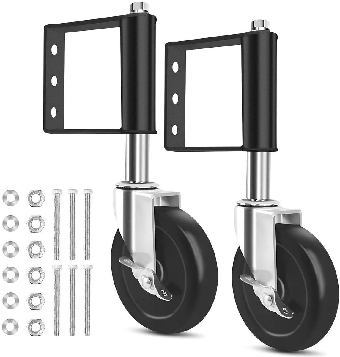 Set van 2 stevige 102mm veerbelaste poortwielen met rem, 360° draaibaar, geschikt voor houten deuren, 100kg draagvermogen, rubberen wielen voor optimale grip en duurzaamheid