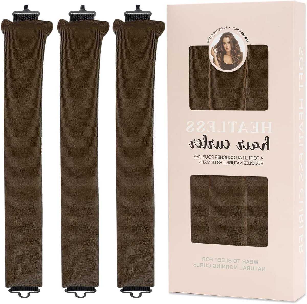 Haarrollers voor Heatless Curlers, Hoofdband Haarkrullers, Geen warmte, Overnachting Krullen - Lang Haar - Bruin-doos