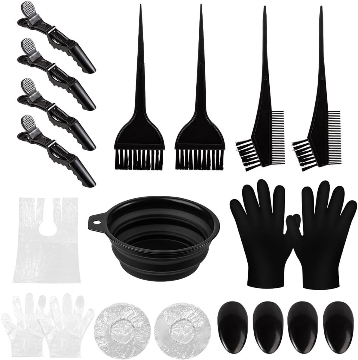 Complete set van 19 haarverfaccessoires met penseel, kam, kleurenschaal en oorbedekking voor professioneel haarkleuren