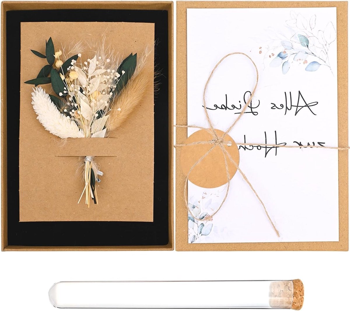 Dried Flower Geldcadeauset met Wenskaart, Plastic Testbuis en Kraft Papieren Doos voor Bruid en Bruidegom - Perfect voor Huwelijksgeschenken en Feestelijke Gelegenheden