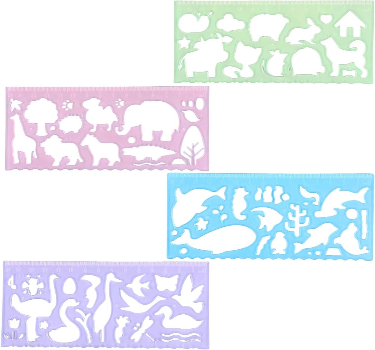 4 Stuks Dieren Stencils voor Kinderen, Heldere Liniaal en Tekenhulpmiddelen, Creatieve Tekenbenodigdheden voor School en Hobby
