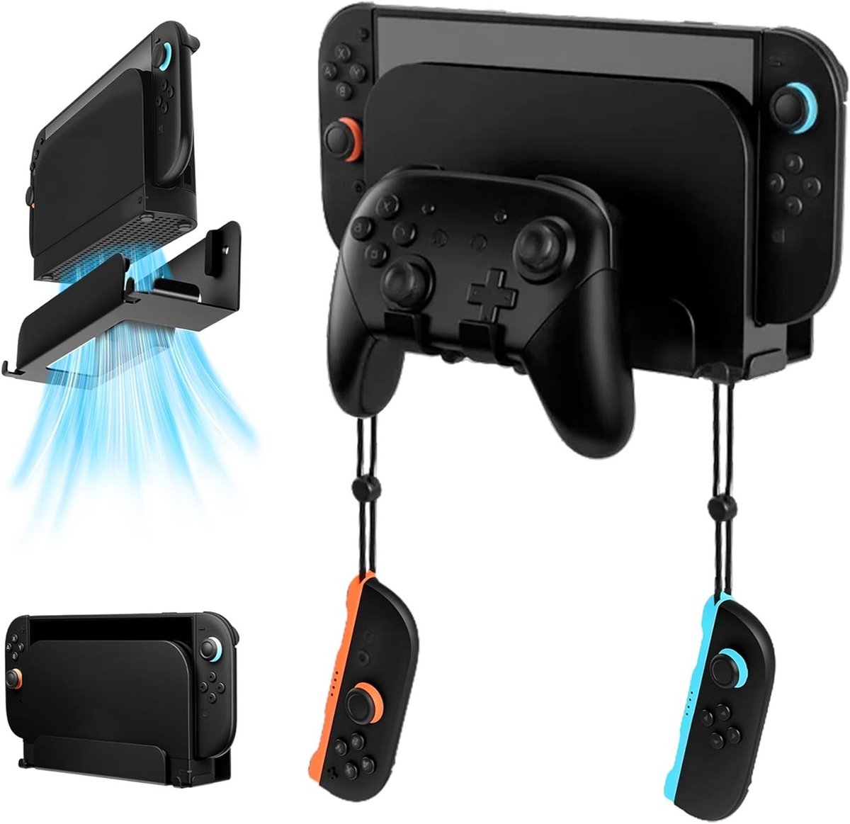 Wandmontage en Plankbeugel voor Nintendo Switch 2, Metalen Beugel met Ventilatie, Inclusief Haakjes voor Joy-Con Controllers en Schroeven (Zwart)