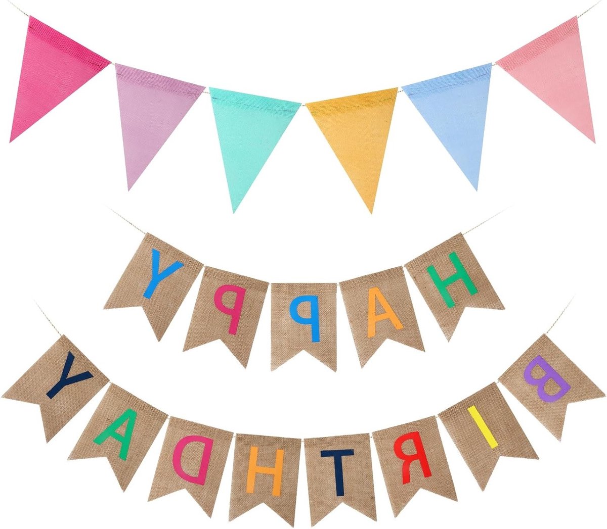 Feestelijke Jute Verjaardagsguirlande met Vlaggenketting en 6 Vlaggen voor Kleurrijke DIY Verjaardagsdecoratie voor Kinderen en Volwassenen