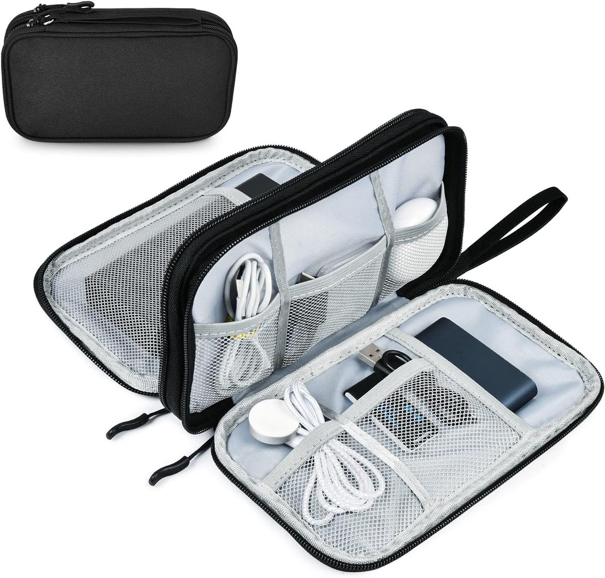 Draagbare harde schijf tas, universele kabelorganizer met vakken en mesh zakken, ideaal voor elektronica en reizen, zwart