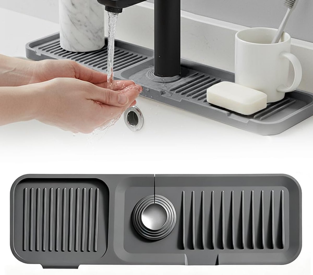 carmdering - Kraanmat - Afdruipmat - Gootsteenmat - 45×14 cm, siliconen, met borstel, afvoergaatjes - Voorkomt spatten, houdt aanrecht droog - Hittebestendig, antislip, duurzaam - Perfect voor keuken, badkamer en wasruimte - Grijs