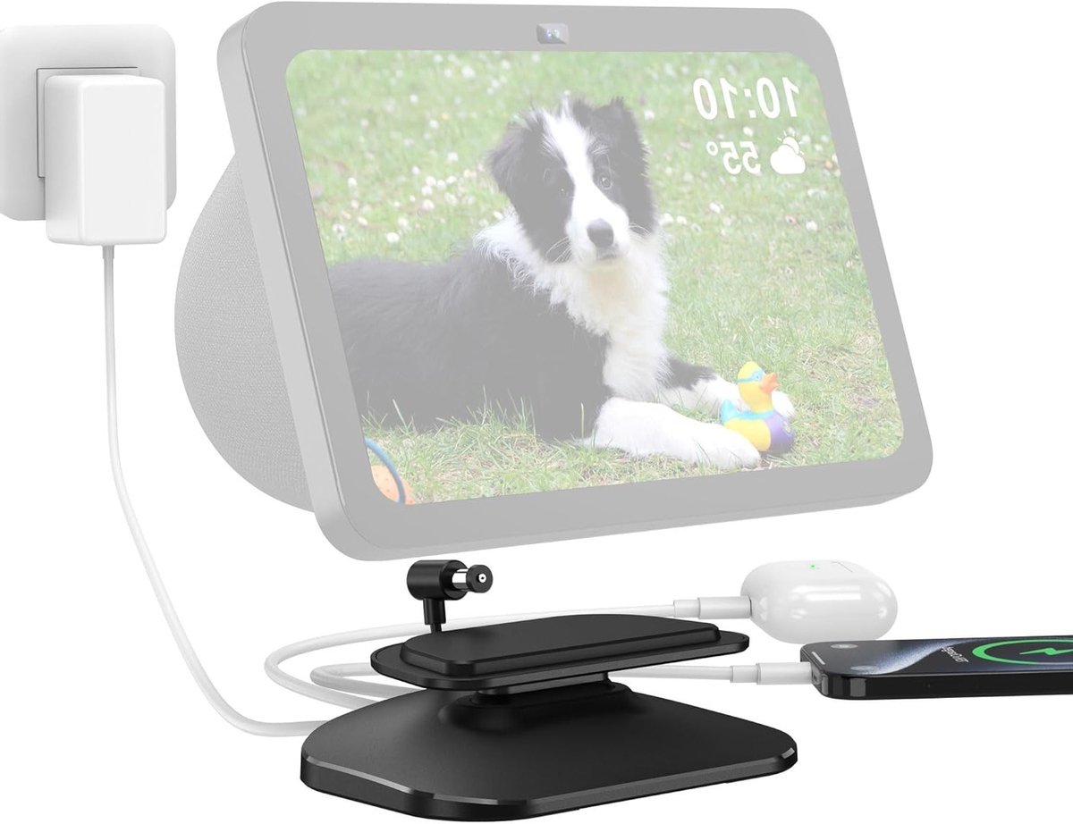 Verstelbare houder met USB-C/A oplaadpoort, oplaadstation voor Show 8 3e Gen, iPhone, iPad en AirPods (Zwart)