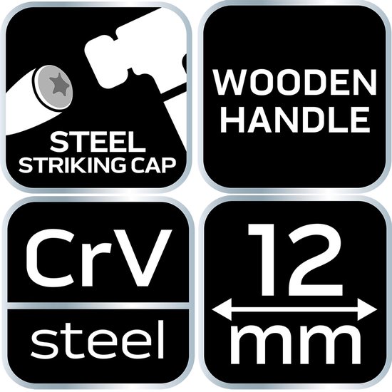 Pictogrammen: stalen slagkap, houten handvat, CrV staal en 12mm breedte.
