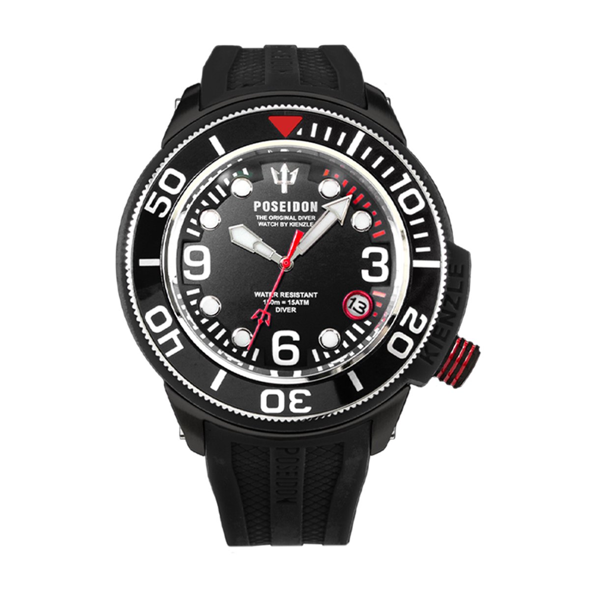 KIENZLE Horloge - Poseidon24 - Quarz UP707 - Waterdicht tot 15 ATM - Wijzerplaat Zwart met Rode Accenten