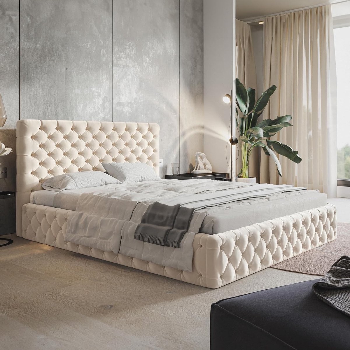 Luxe Chesterfield Twijfelaar Bed met Fluwelen Hoofdbord & Hydraulische Opbergruimte – 120 x 200 cm