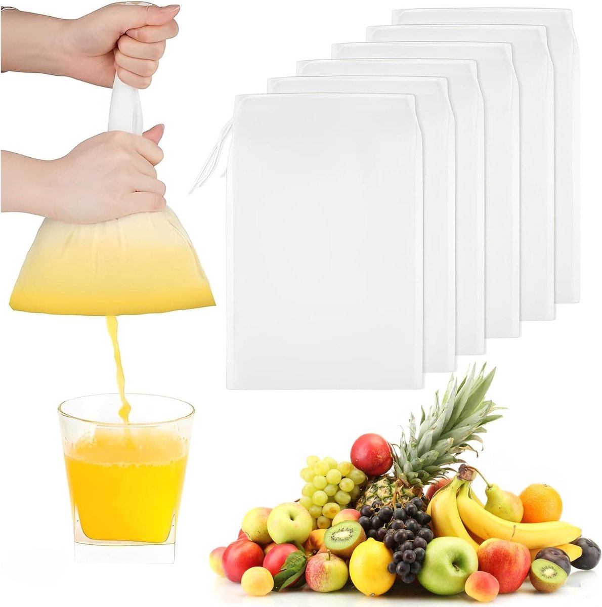 Set van 8 Nylon Filterzakken - 20 x 30 cm - Voedselnet voor Filteren van Bier, Fruit en Groenten - Ideaal voor Citrus Juicer en Plantaardige Melk
