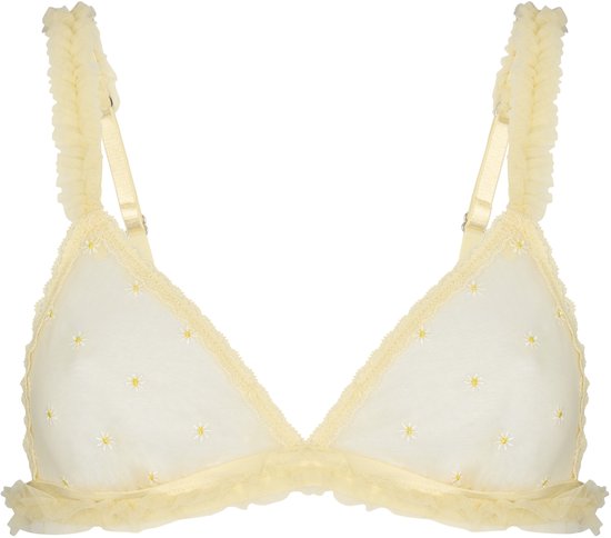 Gele tule bralette met bloemenprint, ruches langs de cups en bandjes.