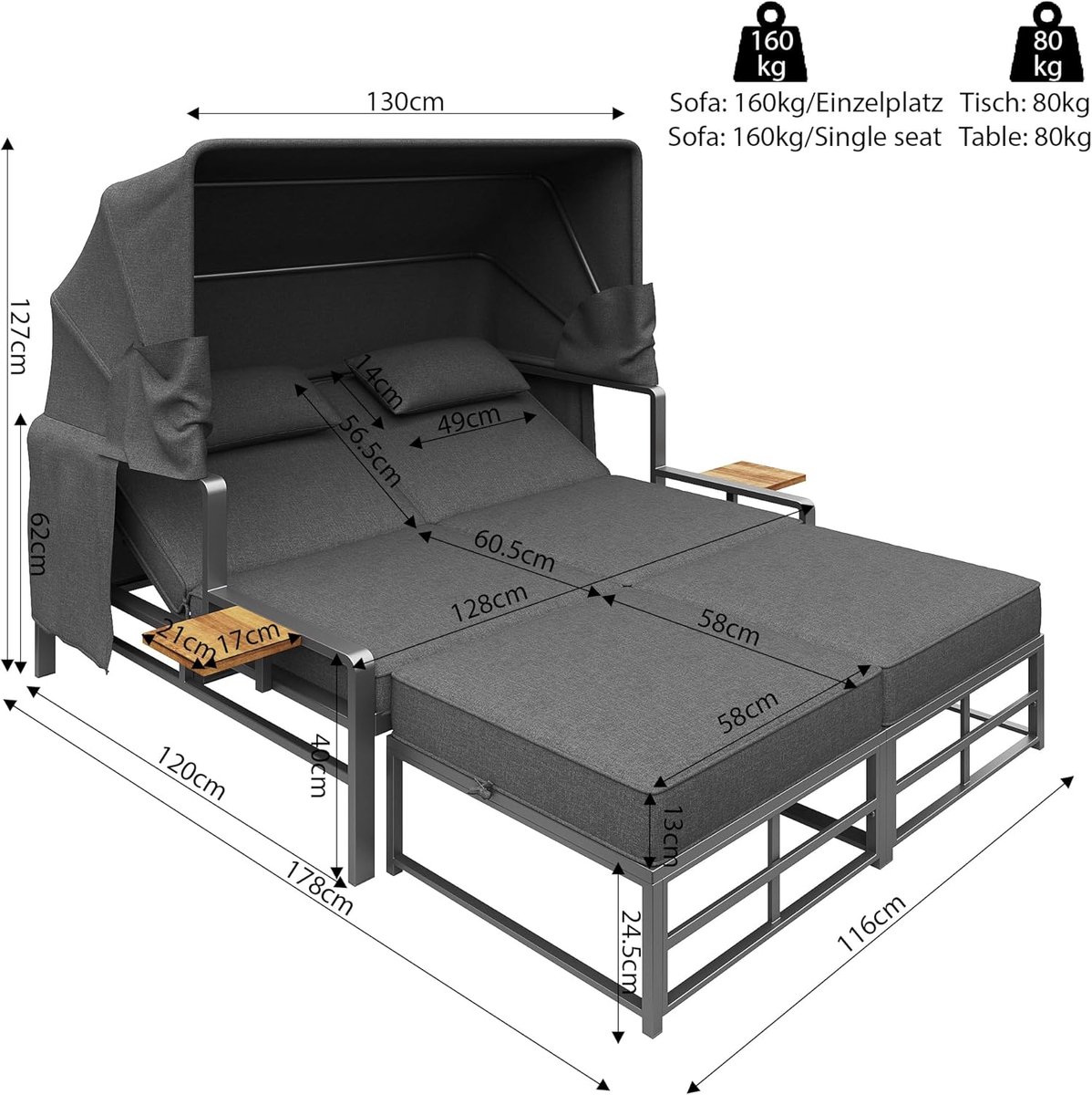 Zonneligstoel 2 Personen met Dak en Ligfunctie – ABTkantoor Deluxe Lounge Ligbed – Verstelbare Tuinbank & Ligbed Outdoor – Weerbestendige Loungeset voor Tuin, Balkon en Terras – Donkergrijs