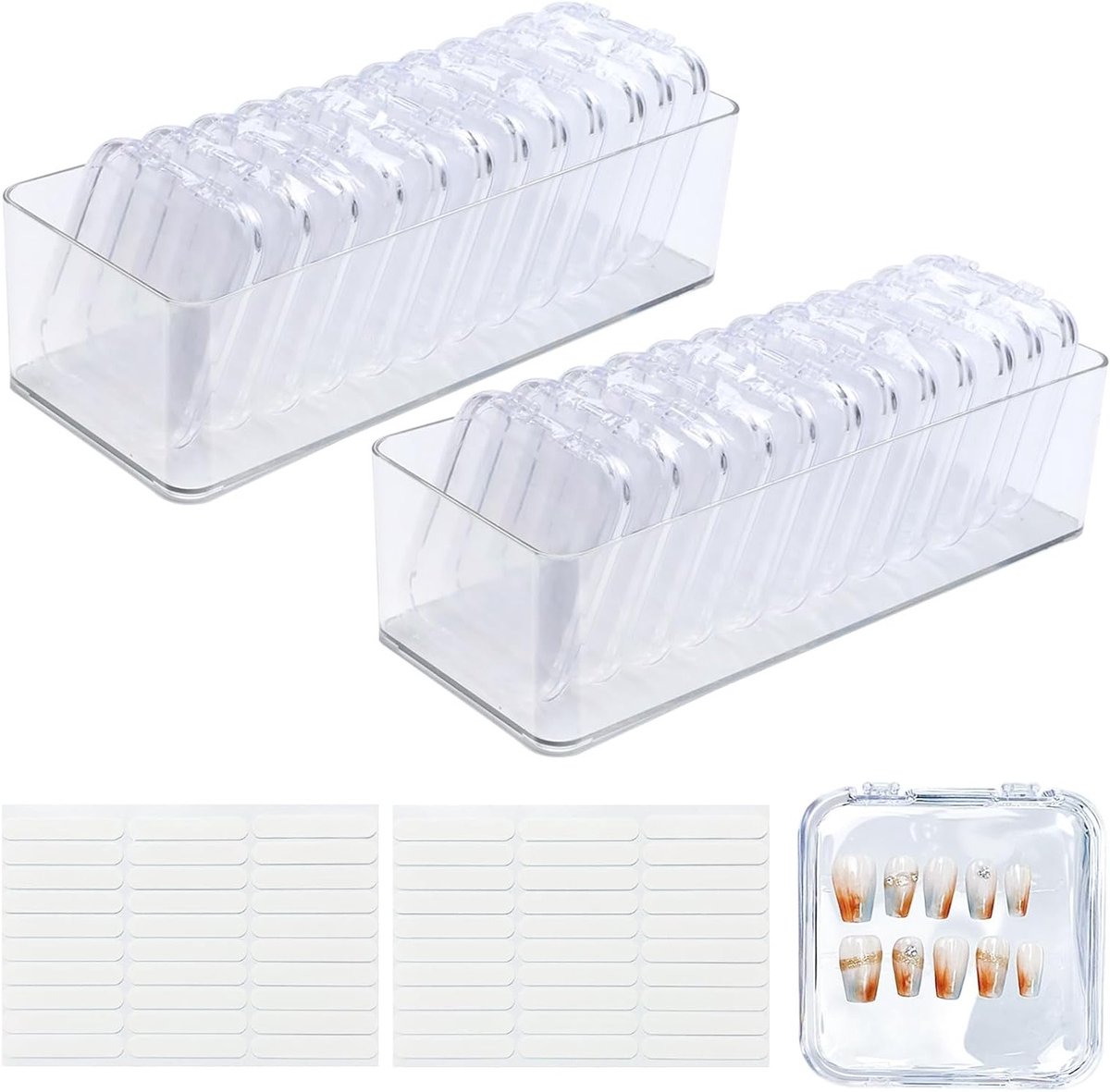 Nail organizer met 24 opbergdozen, 2 grote opslagboxen en 5 dubbelzijdige tape, transparante vierkante box voor nagels en accessoires, 8.5 x