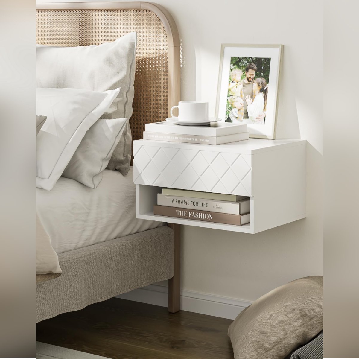 HEZIVO® Zwevend Nachtkastje - Wandrek Hangend Slaapkamer - Bijzettafel aan de Muur - Met Opbergplank - Wit