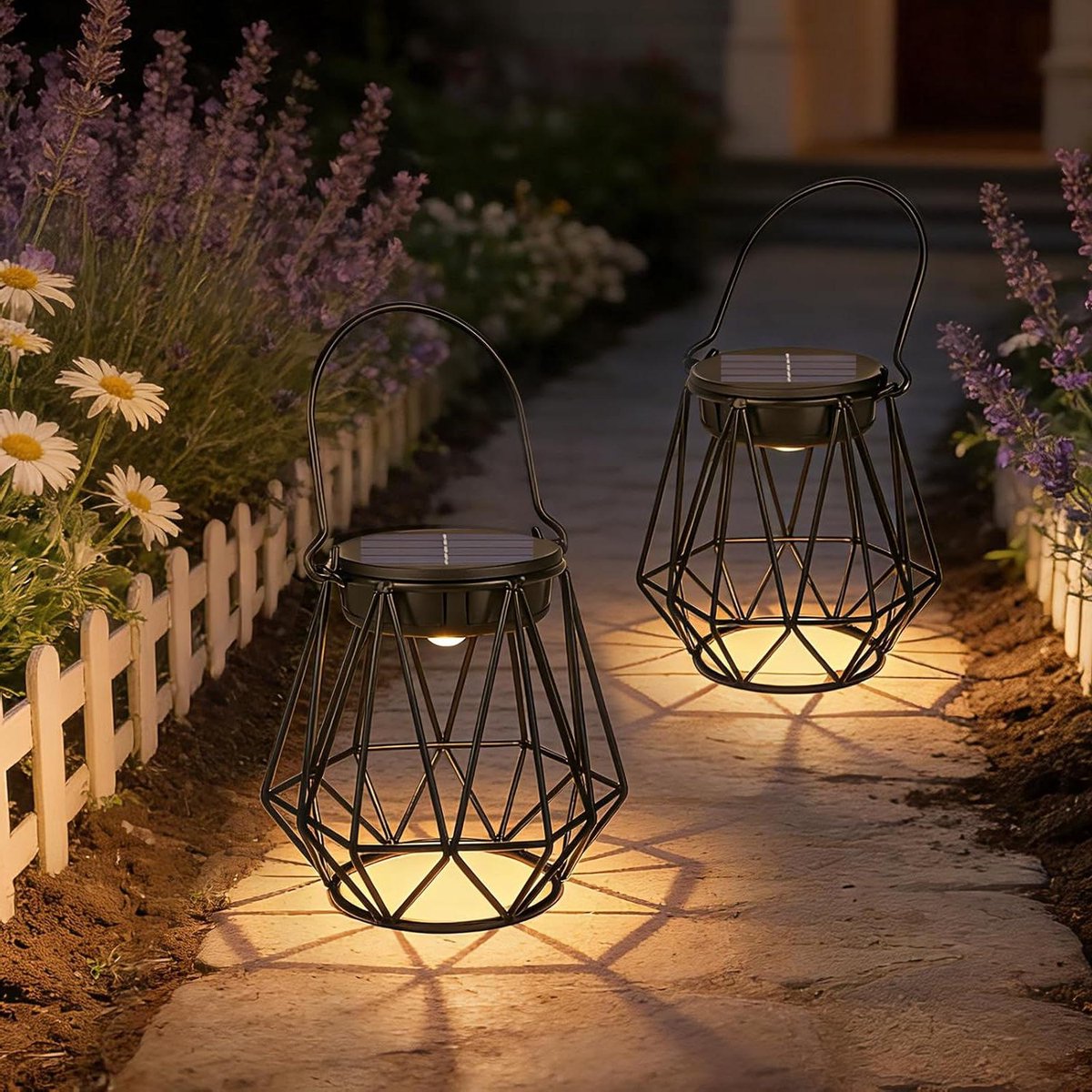 Lantaarnlampen op zonne-energie - Buitenverlichting solar - Terras verlichten - Zeshoekige reflectie - 2 stuks - Zwart