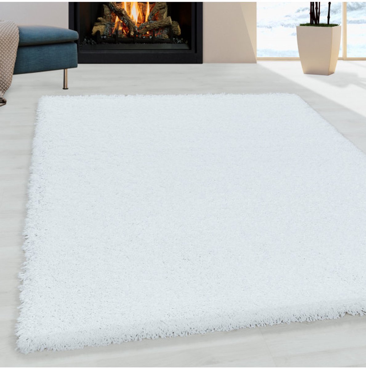 TapisTrend Harig tapijt Wit 200 cm rond Shaggy design vloerkleed voor de woonkamer, zachte pool, monochroom