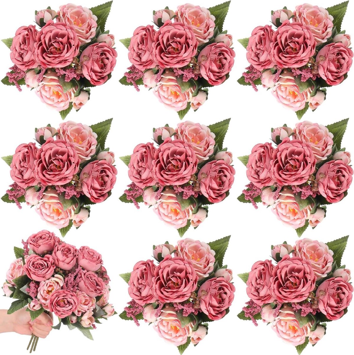 Kunst pioenrozen bundels - Nep bloemen boeket - Huis decoreren - Zijde bloemen - 31 cm lengte - Donker roze