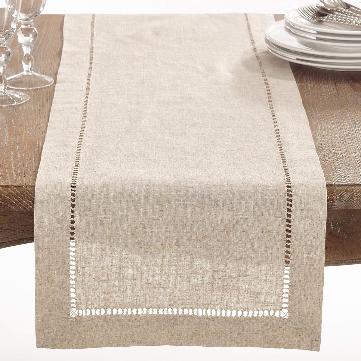 Tafelloper - Tafelkleed langwerpig - Tafeldecoratie - Hemstitch rand - 40 x 228 cm - Natuurlijk